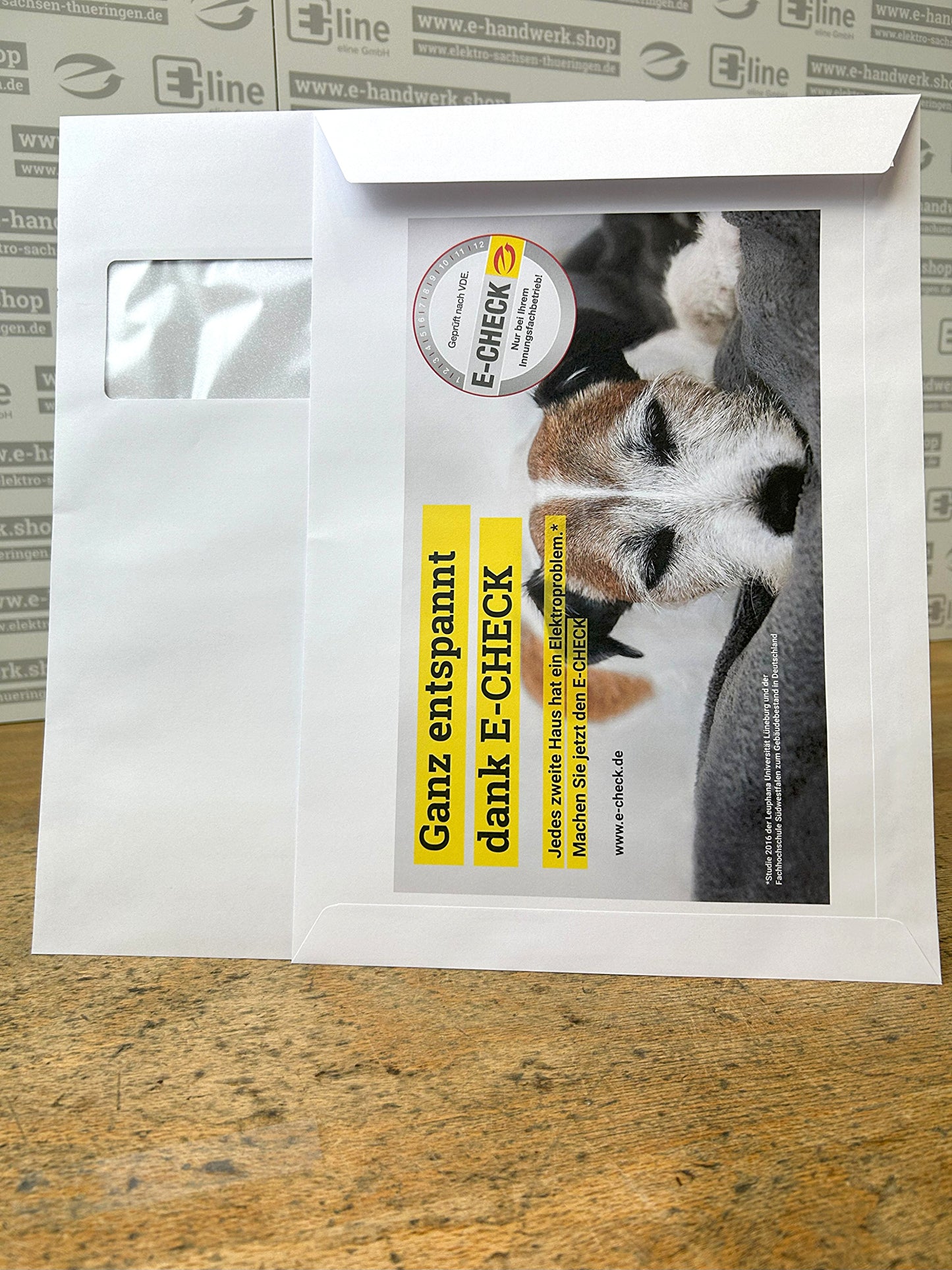 Fensterbriefhülle C4, 229 mm x 324 mm mit Werbeaufdruck auf Rückseite (Motiv E-Check Hund)