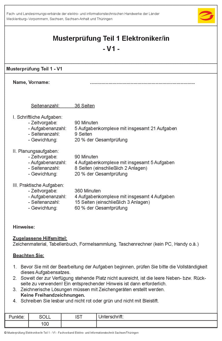 Musterprüfung Teil 1 Elektroniker/in V1 - Sommer 2026 - 25 Stk.